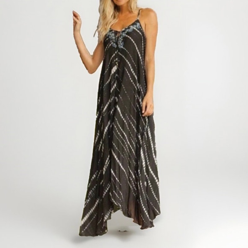 Helen Jon Hand Dyed Embroidered Maxi Dress Black Size S Resortwear Beach Boho